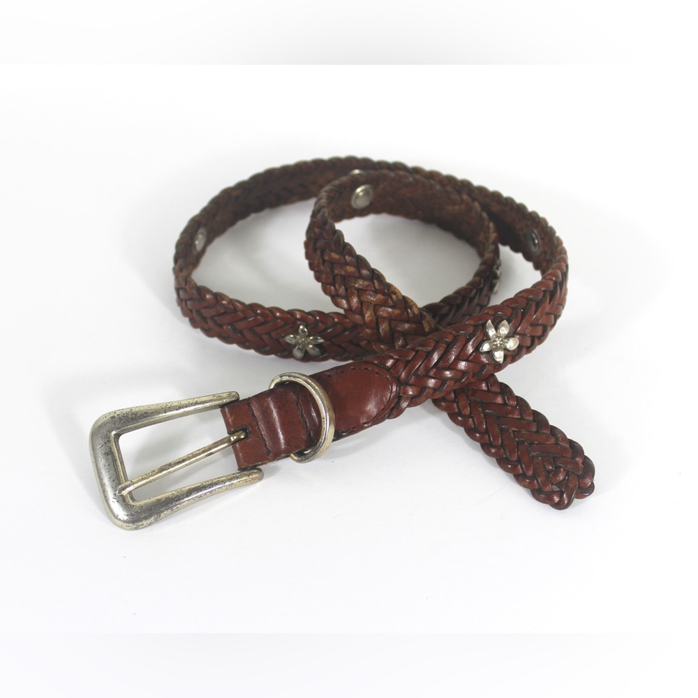 Vintage Fossil Woven Leather Belt with Silver Flower Embellishments Silver Buckl